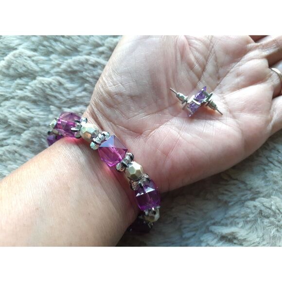 Womens Handcrafted  Purple Crystal Silver Beads Bracelet & Stud Earrings Set - Picture 2 of 10